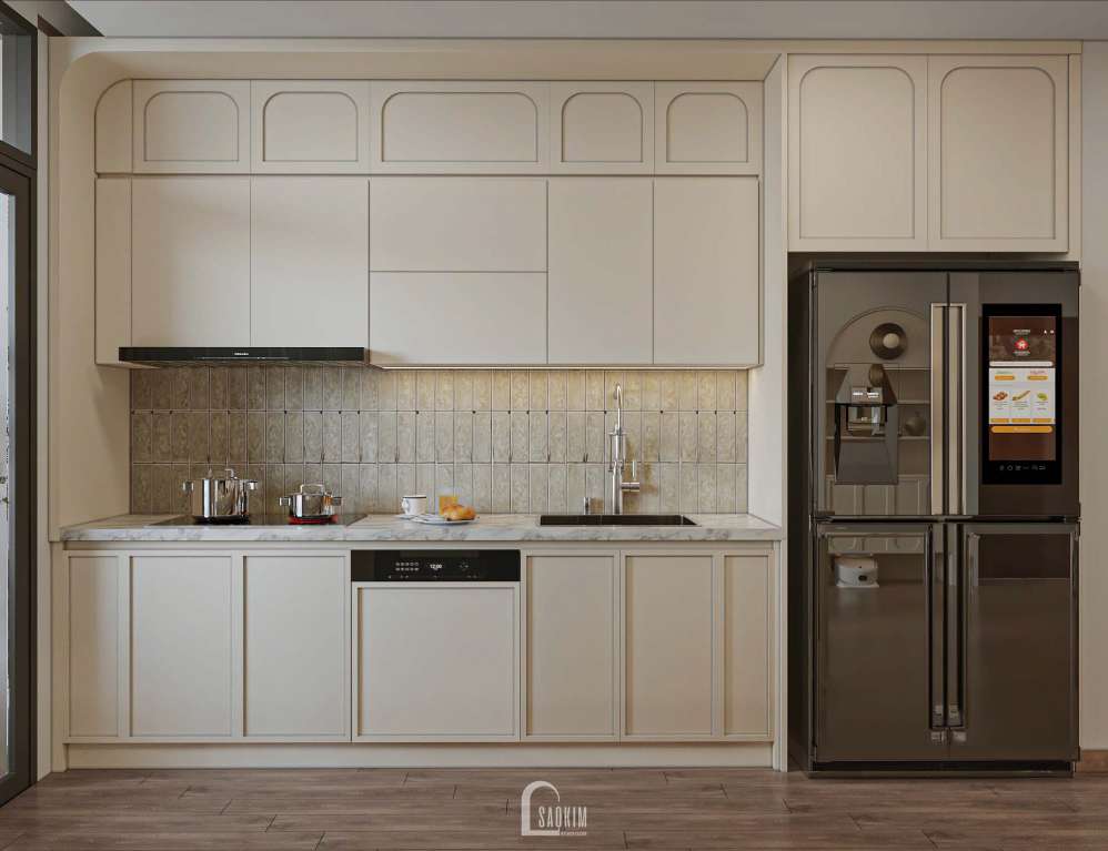 Thiết kế nội thất phòng bếp chung cư 93m2 phong cách Parisian mix Modern dự án The Prime Thái Nguyên- Nơi Sự Tinh Tế Chạm Đến Từng Giác Quan